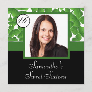 Green shamrock photo sweet sixteen invitation