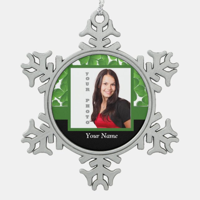Green shamrock photo template snowflake pewter christmas ornament (Front)