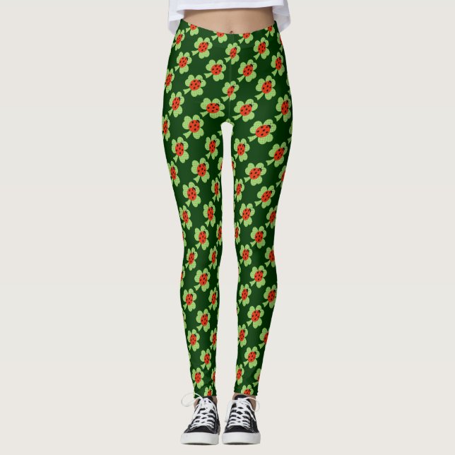 Green Shamrock Polka dots Ladybug Ladybird pattern Leggings (Front)