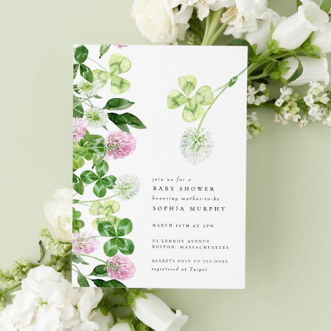 Green Shamrock Purple Clover Irish Baby Shower Invitation (Creator Uploaded)