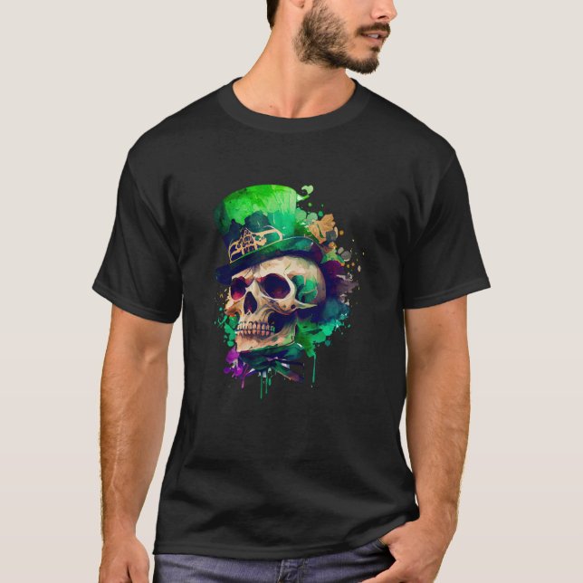Green Shamrock Skull Irish Ireland St Patricks Day T-Shirt (Front)