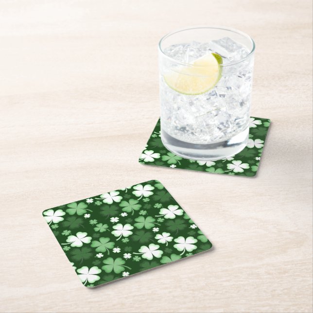 Green Shamrock, St. Patrick's Day Square Paper Coaster (Insitu)