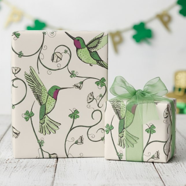  Green Shamrock Vine Hummingbird Pattern Wrapping Paper (Irish Wrapping Paper. Floral Hummingbird, Green Clover, Lucky Shamrock Vine St Patrick's Day Pattern)