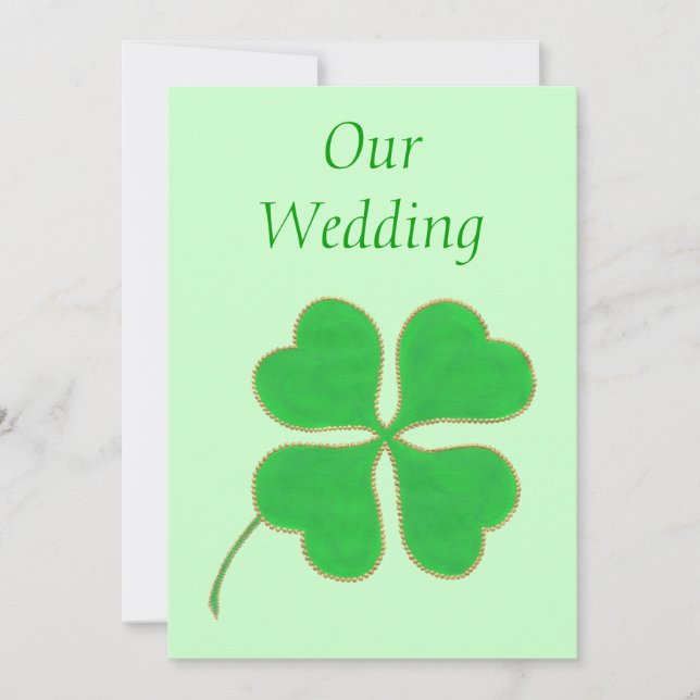 Green Shamrock with with gold dots, Wedding Invite (Front)