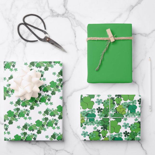 Green Shamrocks & Daisied St Patrick's Day Wrapping Paper Sheet (Front)
