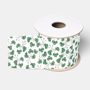 Green Shamrocks Ditsy Pattern on White Ribbon Grosgrain Ribbon