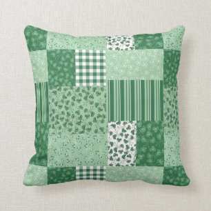Green Shamrocks Faux Patchwork Pattern Pillow