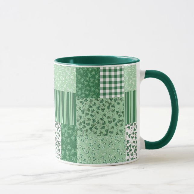 Green Shamrocks Faux Patchwork Pattern Ringer Mug (Right)