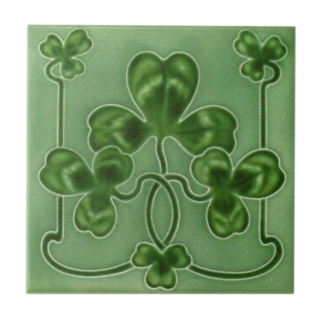 Green Shamrocks Irish Art Nouveau Repro Design Ceramic Tile (Front)