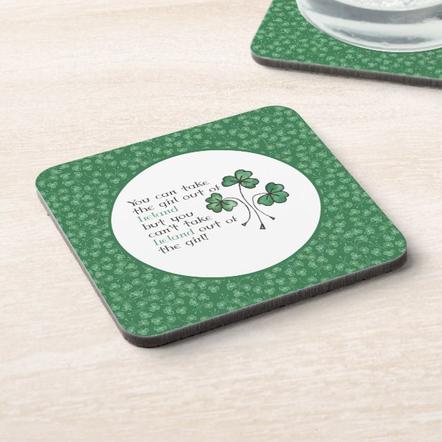 Green Shamrocks Irish Girl Quote Set of Coasters (Left Side)