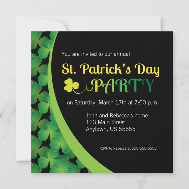 Green Shamrocks on Black, St. Patrick's Day Party Invitation (Front)