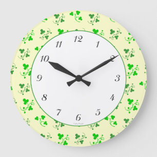 Green Shamrocks on Ivory Black Numbers Wall Clock