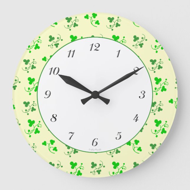 Green Shamrocks on Ivory Black Numbers Wall Clock (Front)