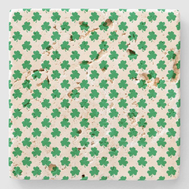 Green Shamrocks on White St.Patrick’s Day Clover Stone Coaster (Front)