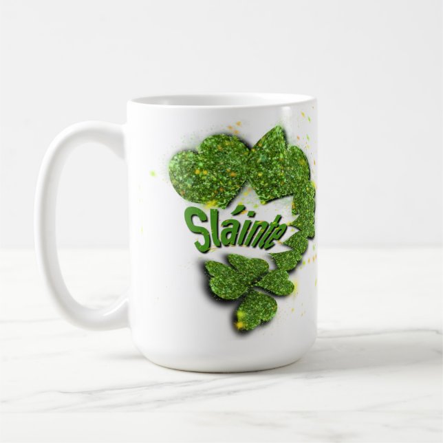 Green Shamrocks | sparkling hearts Shainte  Coffee Mug (Left)