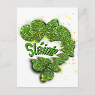Green Shamrocks   sparkling hearts Shainte Postcard