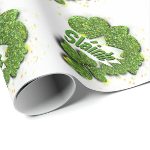 Green Shamrocks   sparkling hearts Shainte Wrapping Paper
