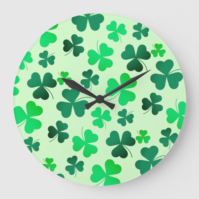 Green Shamrok Clover Pattern Large Clock (Front)