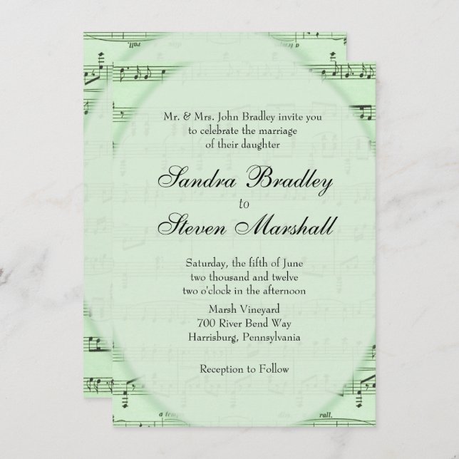 Green Sheet Music Theme Wedding Invitation (Front/Back)