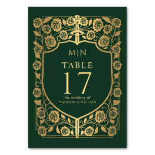 Green Shield Mediaeval Fantasy Monogram Wedding  Table Number