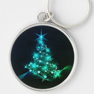 Green Shine of Stars on Christmas Tree Dark  Key Ring