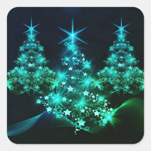 Green Shine of Stars on Christmas Trees Square Sticker