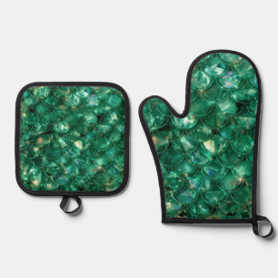Green Shiny Mermaid Print Oven Mitt & Pot Holder Set