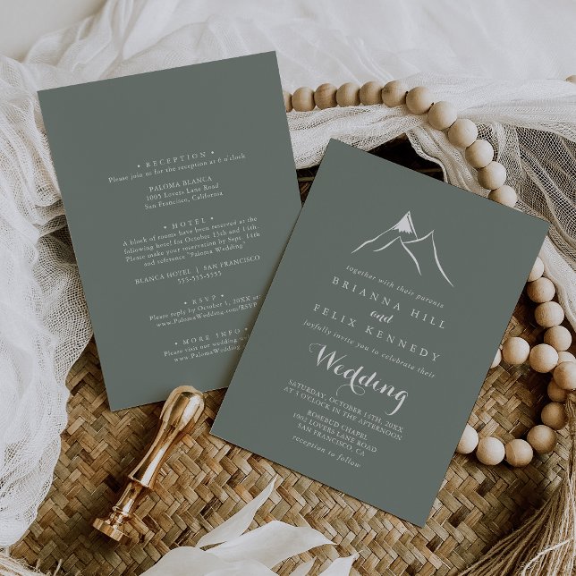 Green Silhouette Mountain Front & Back Wedding Invitation (Creator Uploaded)