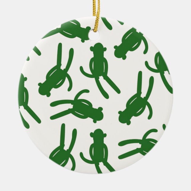 Green Silhouette Sock Monkey Ceramic Ornament (Front)