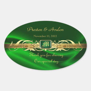 Green Silk Gold Scroll Oval Wedding Wine Sticker
