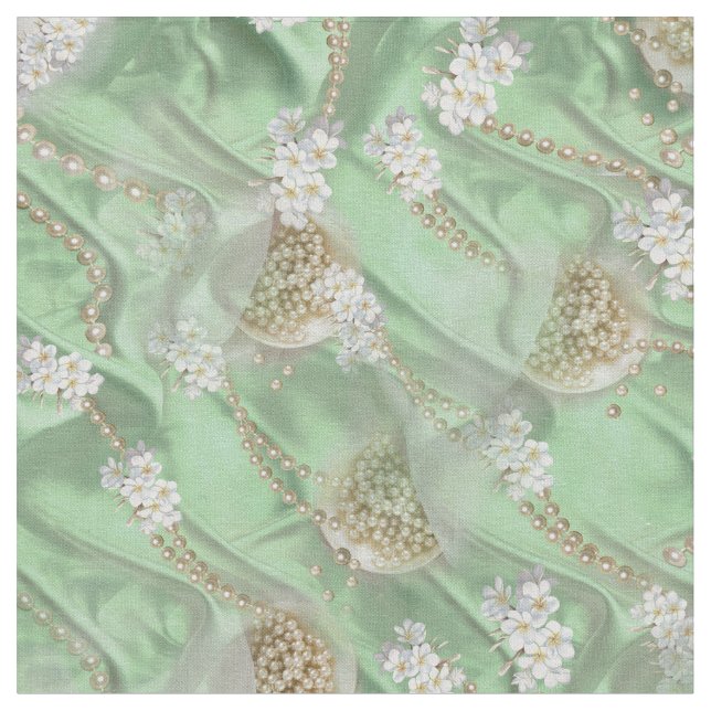 Green Silk & Ivory Champagne Pearls Fabric (Close Up)