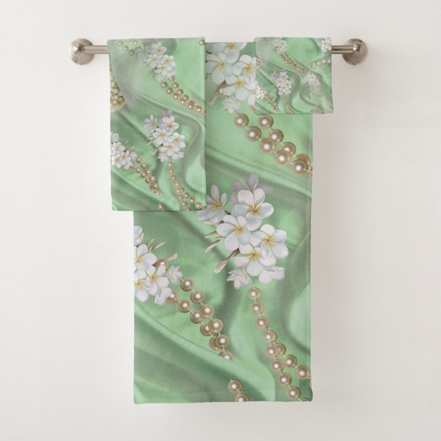 Green Silk & Ivory Champaign Pearls Bath Towel Set (Insitu)