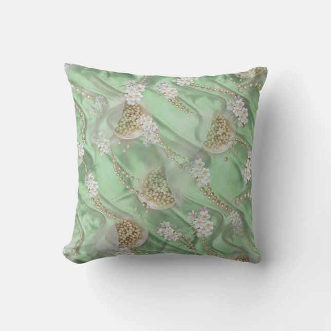 Green Silk & Ivory Champaign Pearls Cushion (Front)