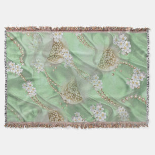 Green Silk & Ivory Champaign Pearls Throw Blanket