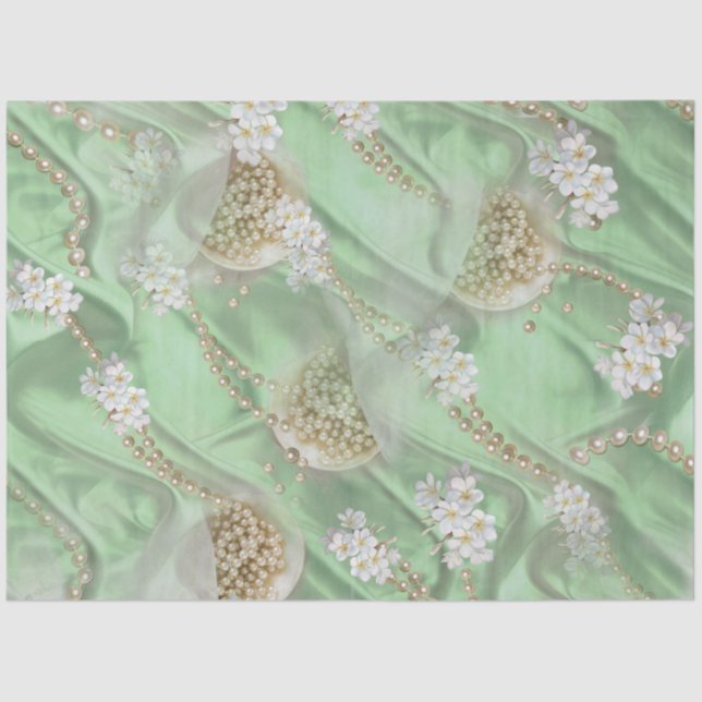 Green Silk & Ivory Champaign Pearls Tissue Paper (Front)