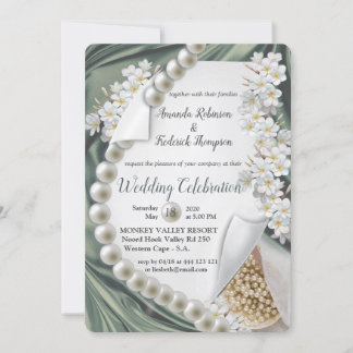 Green silk  & Ivory Pearls Wedding Invitation