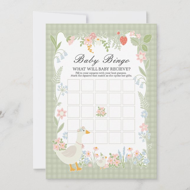 Green Silly Goose Floral Gingham Baby Bingo Game Invitation (Front)