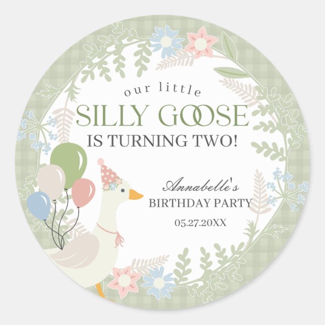 Green Silly Goose Floral Gingham Baby Shower Favou Classic Round Sticker (Front)
