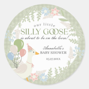 Green Silly Goose Floral Gingham Baby Shower Favou Classic Round Sticker