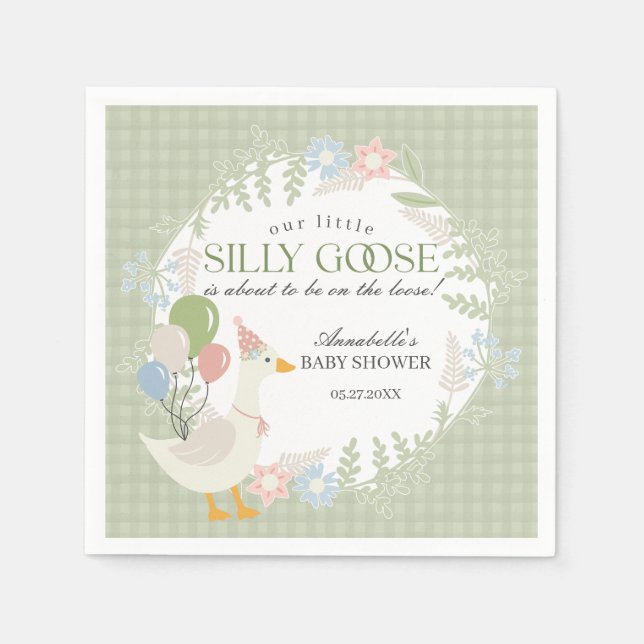 Green Silly Goose Floral Gingham Baby Shower Napkin (Front)