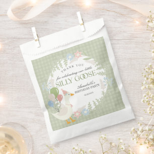 Green Silly Goose Floral Gingham Birthday Dessert Favour Bag