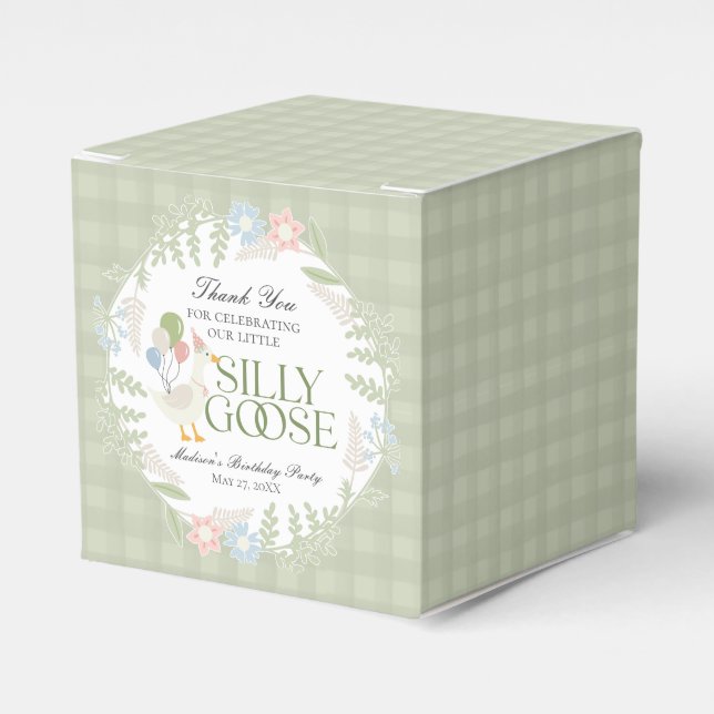 Green Silly Goose Floral Gingham Birthday Favour Box (Front Side)