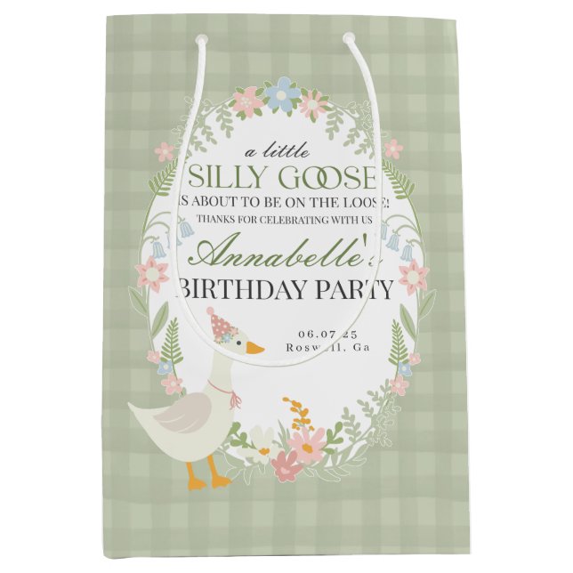 Green Silly Goose Floral Gingham Birthday Favour Medium Gift Bag (Front)