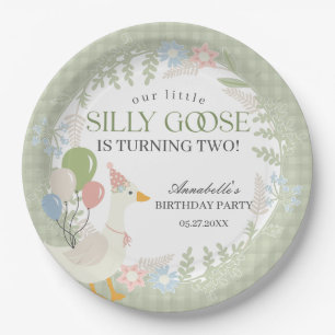 Green Silly Goose Floral Gingham Birthday Paper Plate