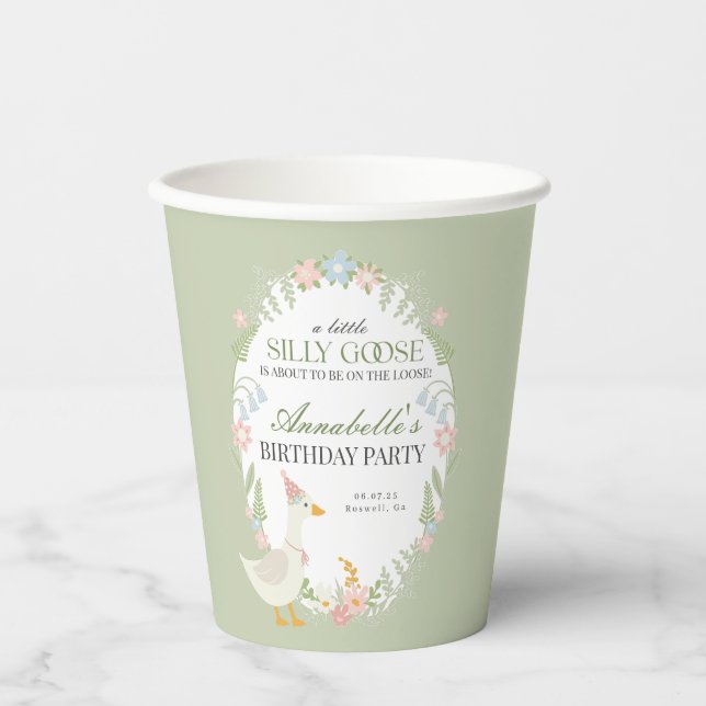Green Silly Goose Floral Gingham Birthday Party Paper Cups (Front)