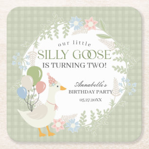 Green Silly Goose Floral Gingham Birthday Square Paper Coaster