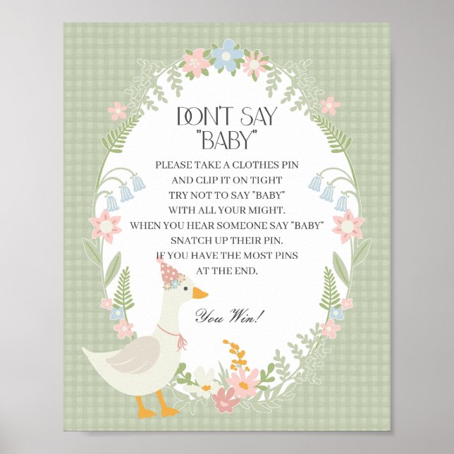 Green Silly Goose Floral Gingham Dont Say Baby Poster (Front)