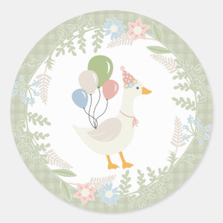 Green Silly Goose Floral Gingham Favours Classic Round Sticker