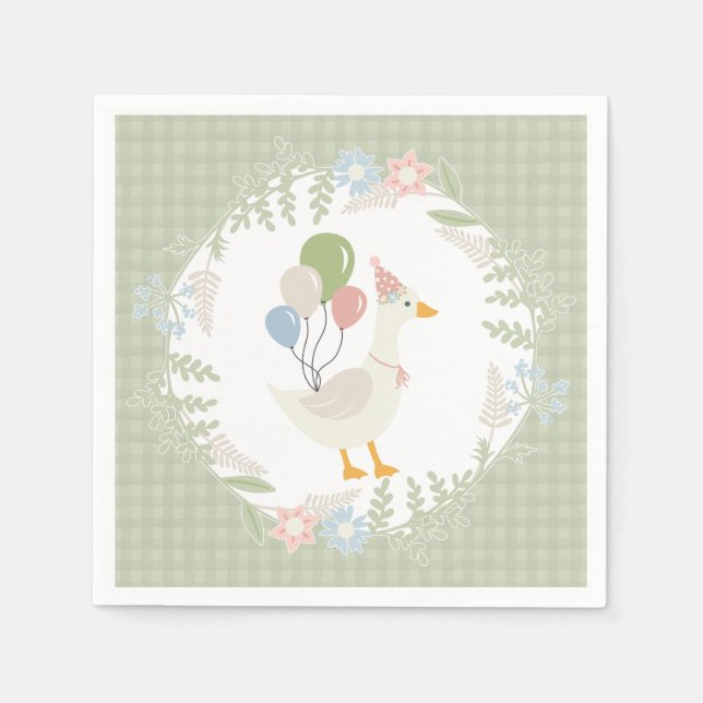 Green Silly Goose Floral Gingham Paper Napkin (Front)