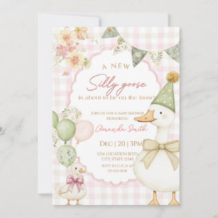 Green Silly Goose Pink Gingham Baby shower Invitation